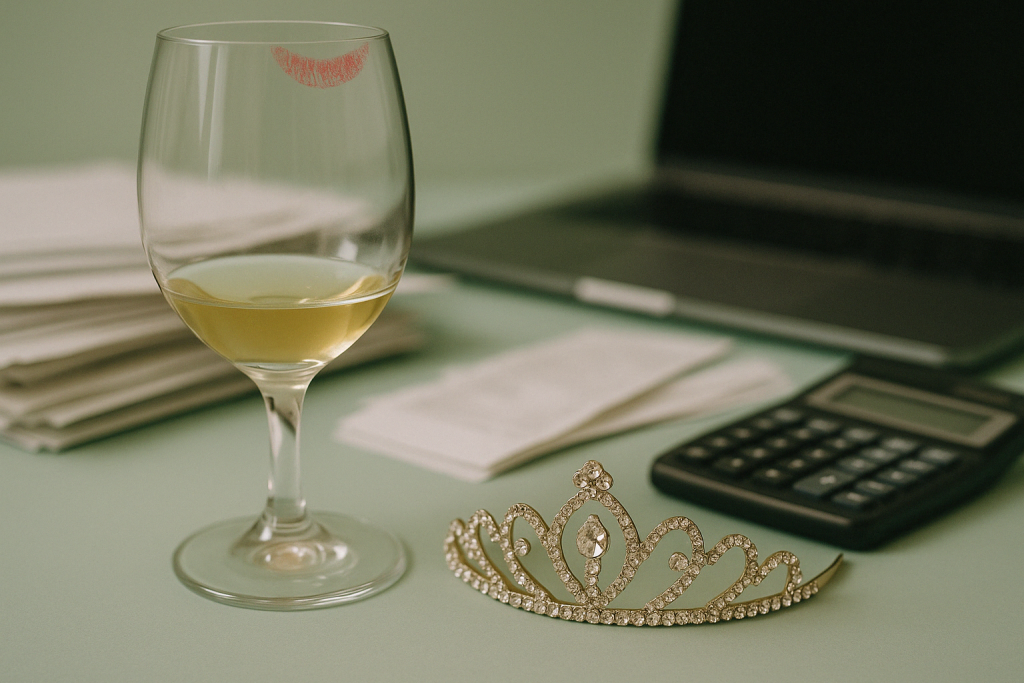 A sparkling tiara rests flat on a light green desk beside a wine glass with a lipstick stain, surrounded by papers, a calculator, and a laptop in the background—capturing the post-tax season relief of a bookkeeper turned Countess.