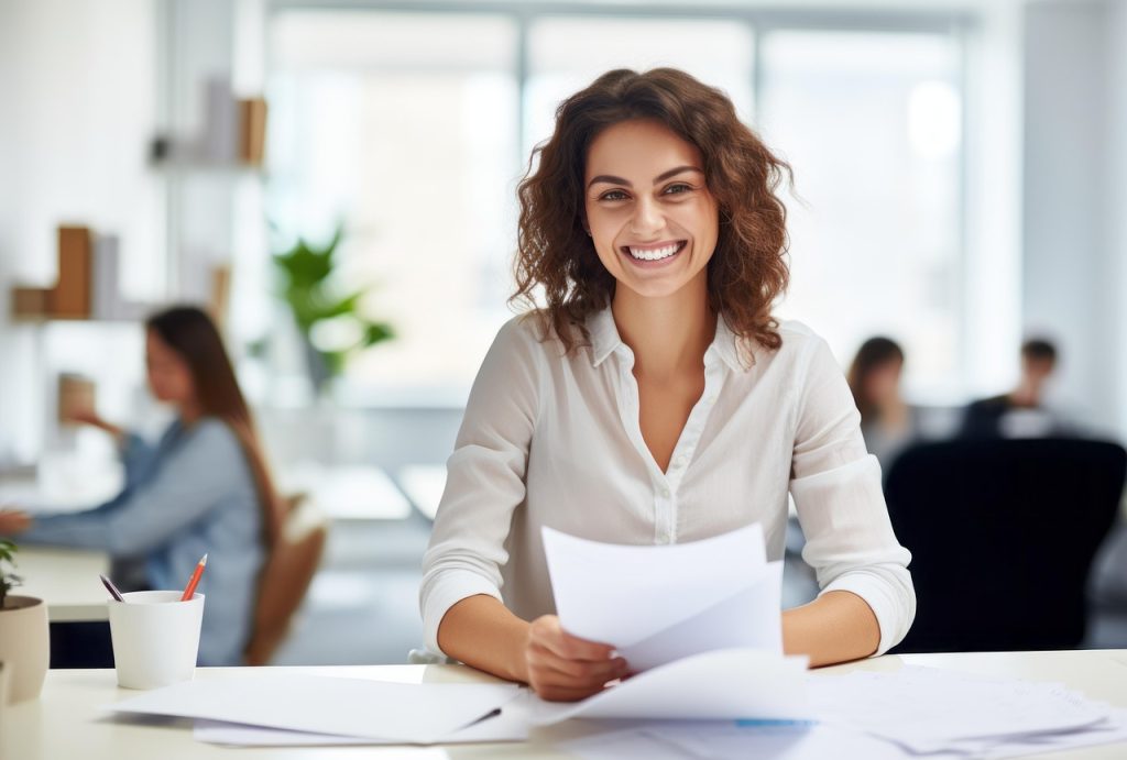 Smiling businesswoman at her desk, having being helped by the Countess of Accounting's bookkeeping club